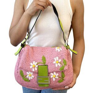 FENDI Vintage FF Logo Knit Mamma Baguette Shoulder Bag Flower Pink [105987]